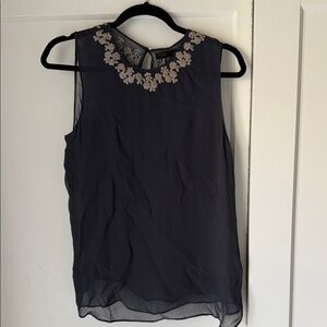 Zara Navy Chiffon Sleeveless Camisole with Beaded Neckline